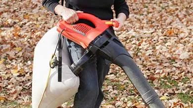 Person using an orange and black leaf blower with an attached collection bag in a leaf-covered yard.