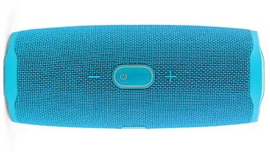 Horizontal cyan mesh portable speaker with a central power button.