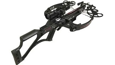 Black modern compound crossbow with a mounted scope, angled against a white background.