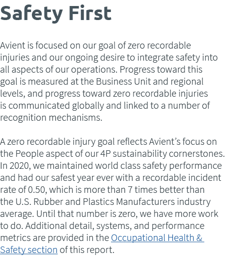 Safety First Avient is focused on our goal of zero recordable injuries and our ongoing desire to integrate safety int   