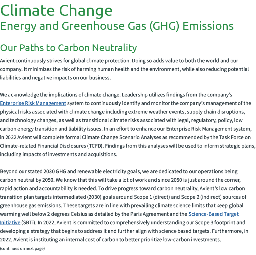 Climate Change Energy and Greenhouse Gas (GHG) Emissions Our Paths to Carbon Neutrality Avient continuously strives ...