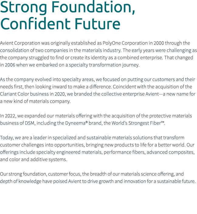 Strong Foundation, Confident Future Avient Corporation was originally established as PolyOne Corporation in 2000 thro...